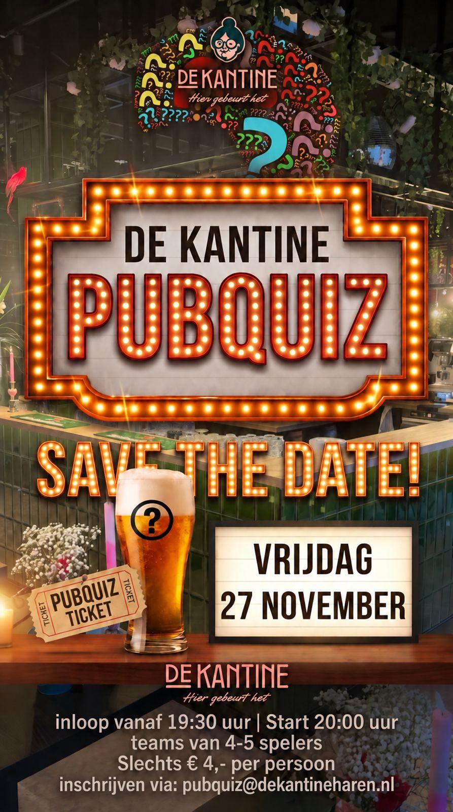 Poster voor De Kantine Pubquiz op vrijdag 27 november 2026
