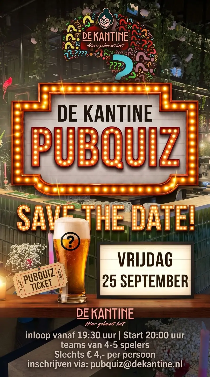 Poster voor De Kantine Pubquiz op vrijdag 25 september